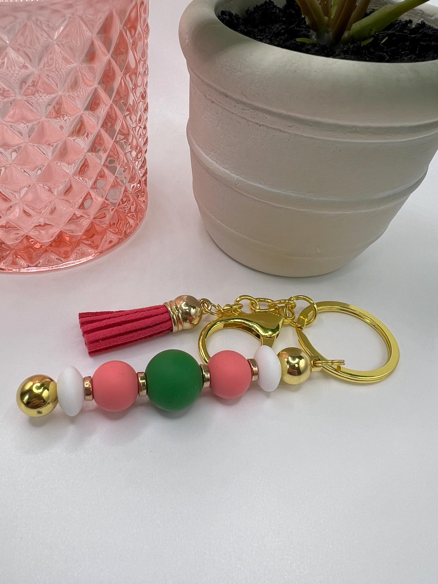 Silicone Bead Keychain: Pink Tassel Bag Charm