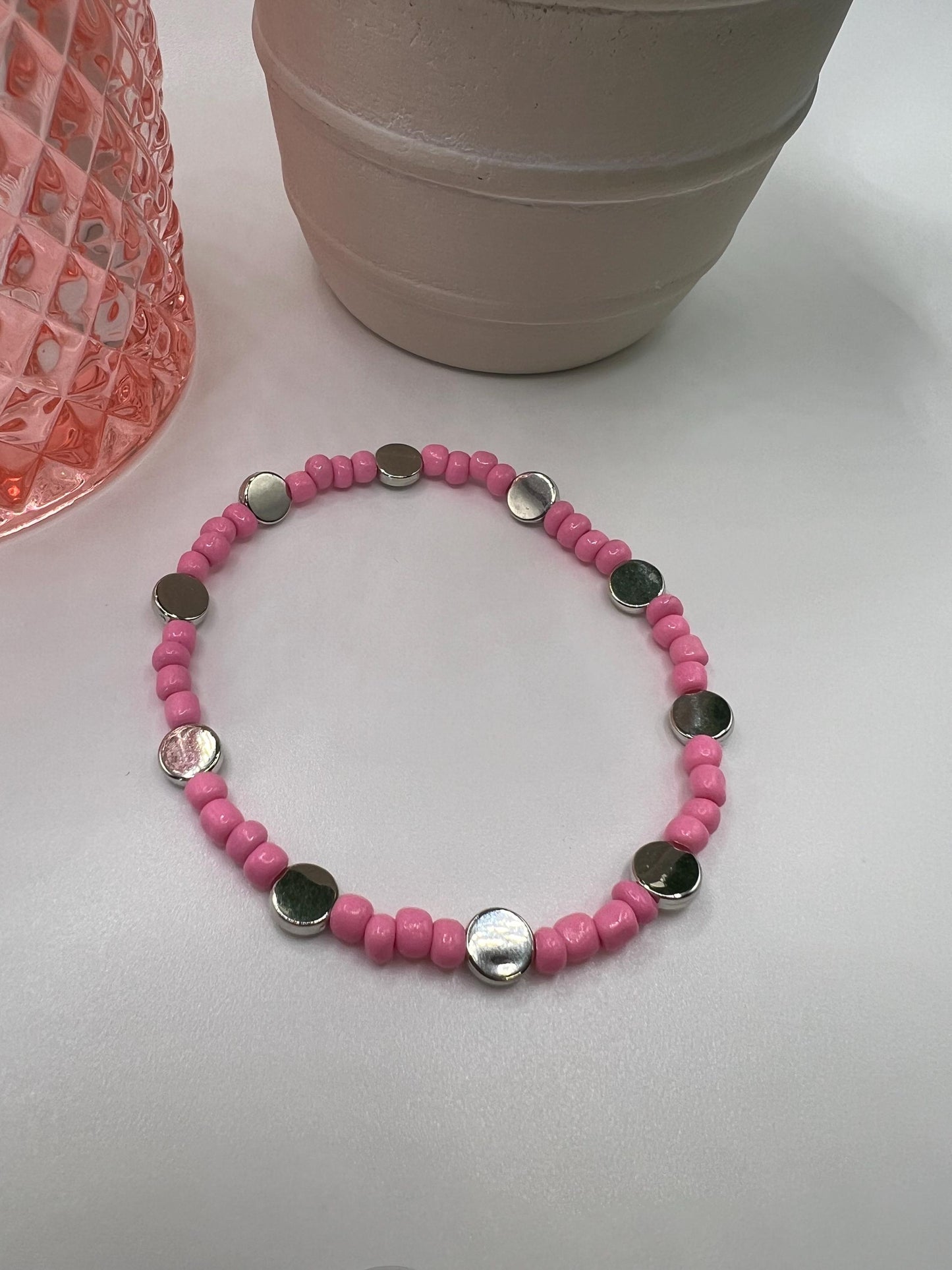 Handmade Pink Beaded Bracelet: Silver Accent Jewelry