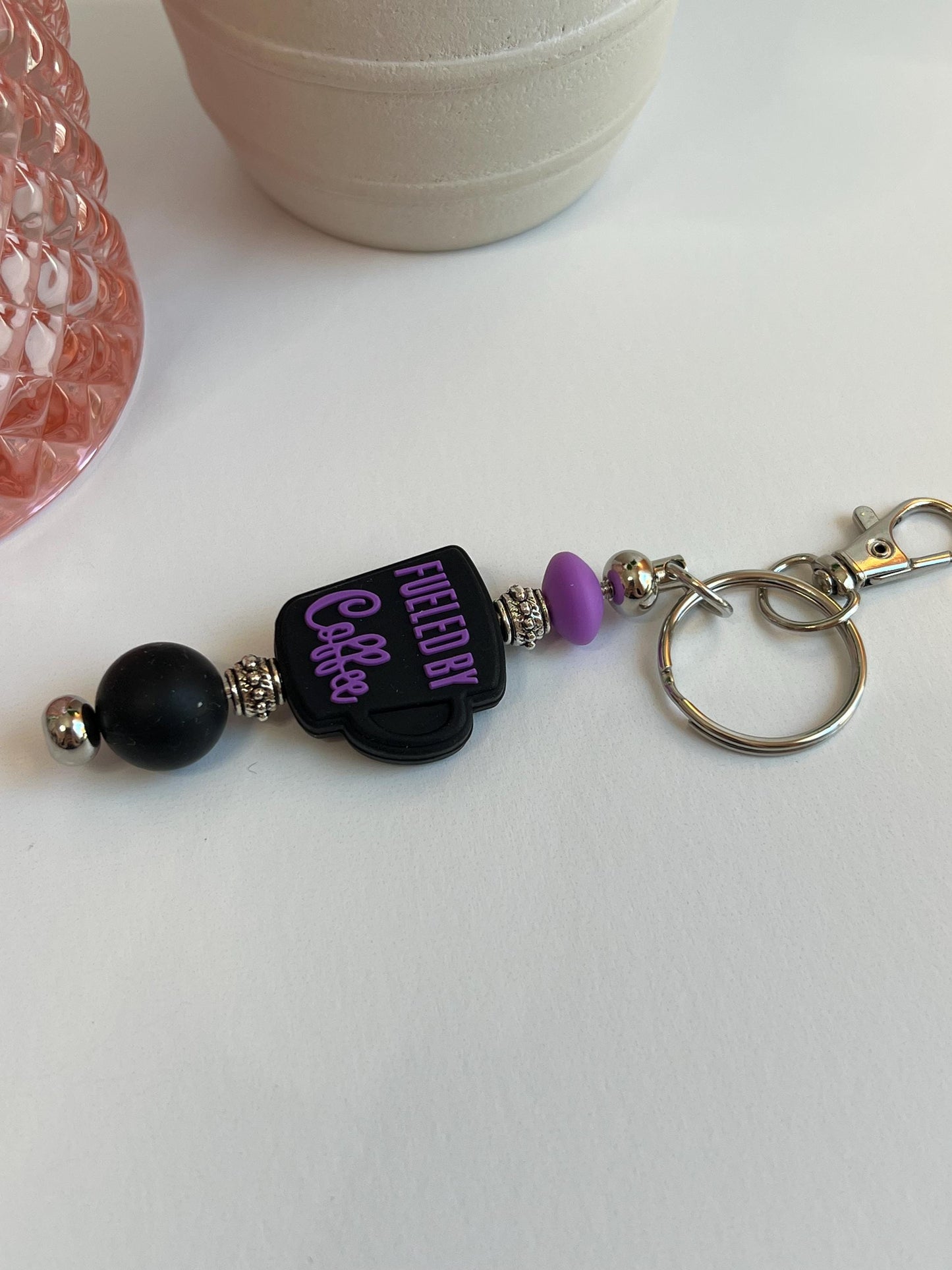 Fueled by Coffee Silicone Bead Keychain: Purple & Black