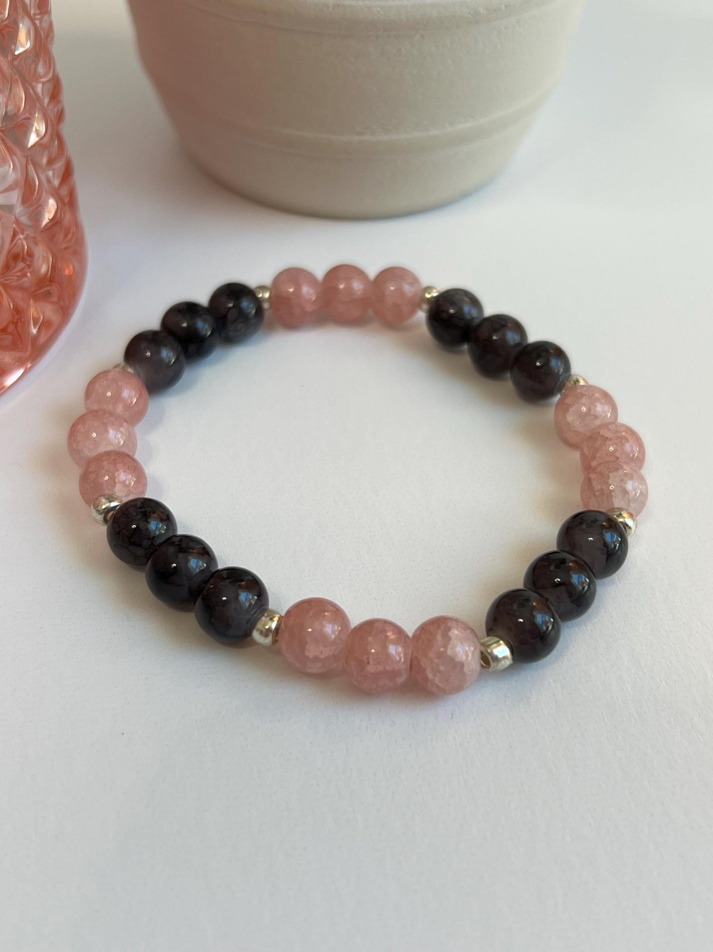 Handmade Pink & Dark Grey Beaded Bracelet - Stretchy Cord