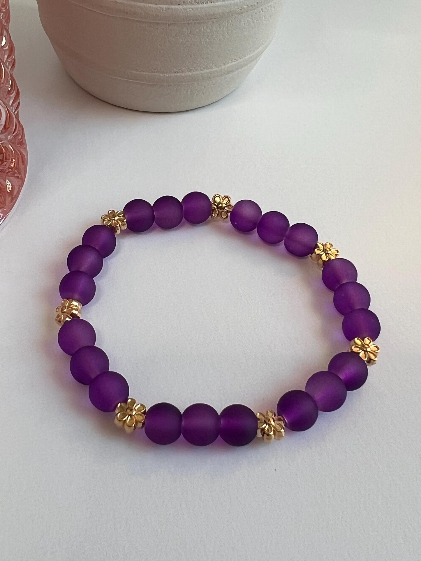 Handmade Purple Beaded Bracelet: Gold Flower Spacers