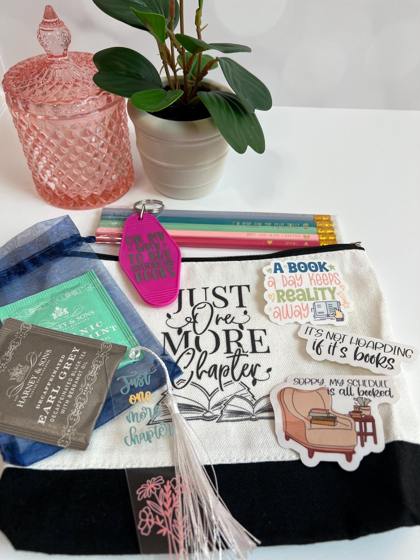 Book Lover Gift - bookmark, stickers, bag, pencils, keychain, tea, Christmas, Birthday