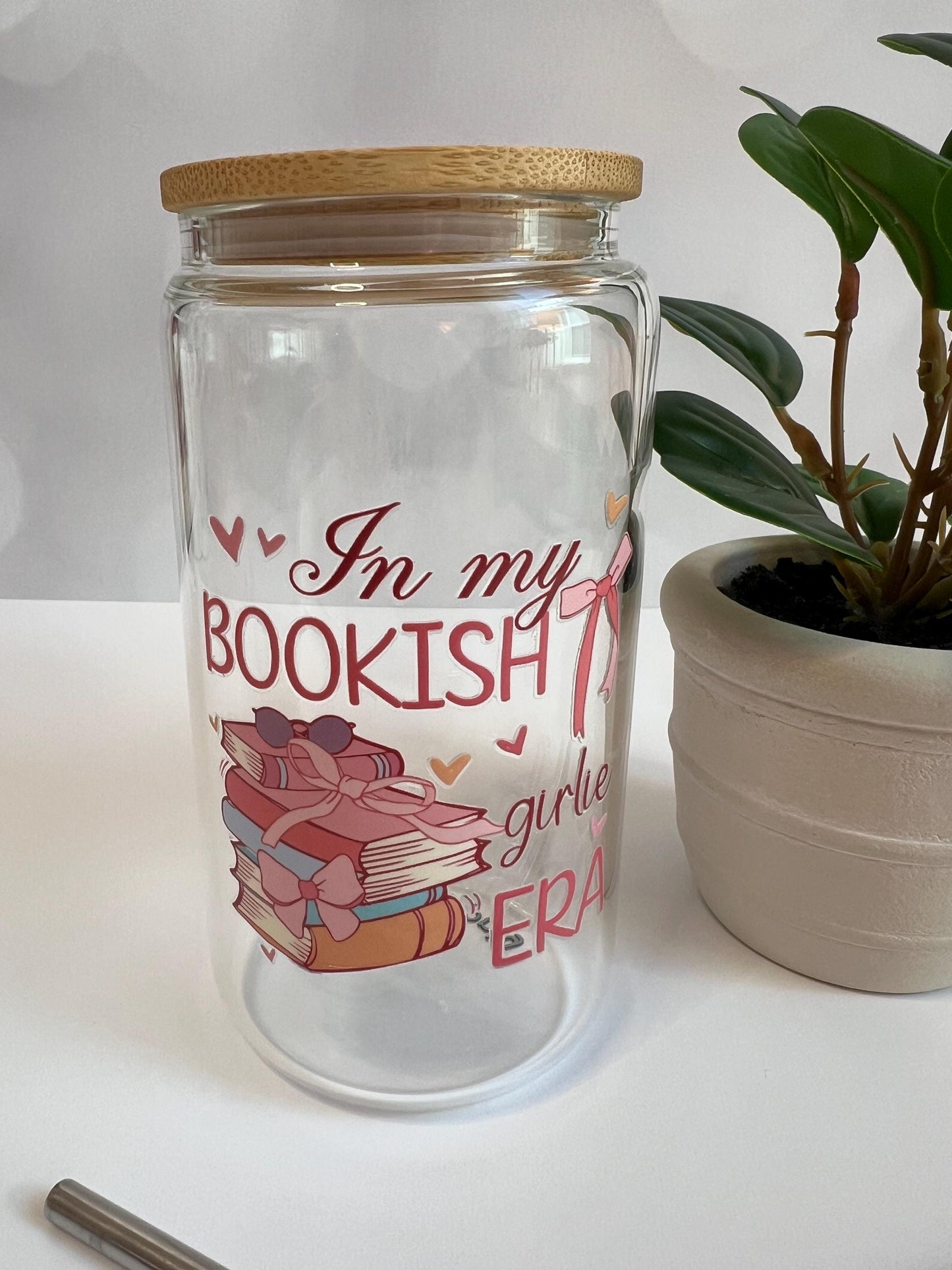 Bookish Era Glass Iced Coffee Cup: 16oz Tumbler with Lid & Straw