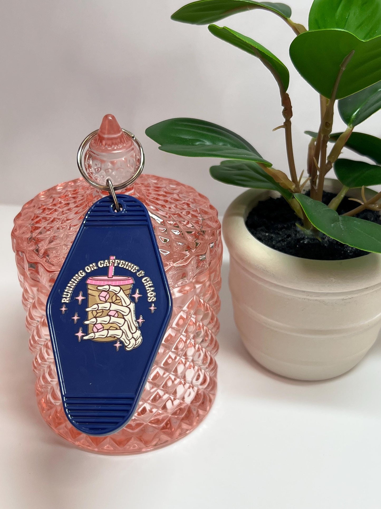 Running on Caffeine & Chaos Motel Keychain: Coffee Lover Gift