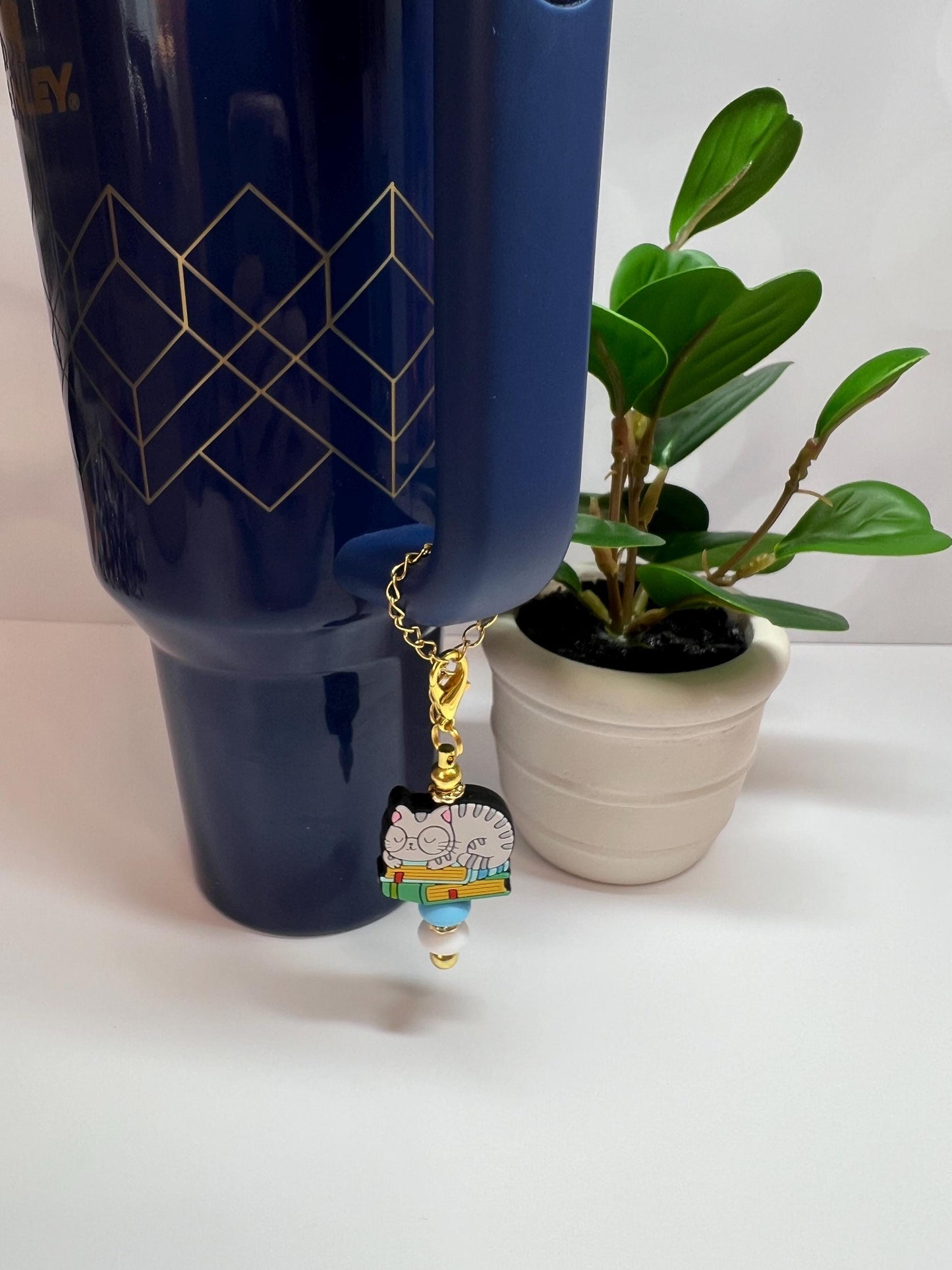 Kitty with Books Stanley/Bogg Bag Charm: Tumbler Purse Accessory