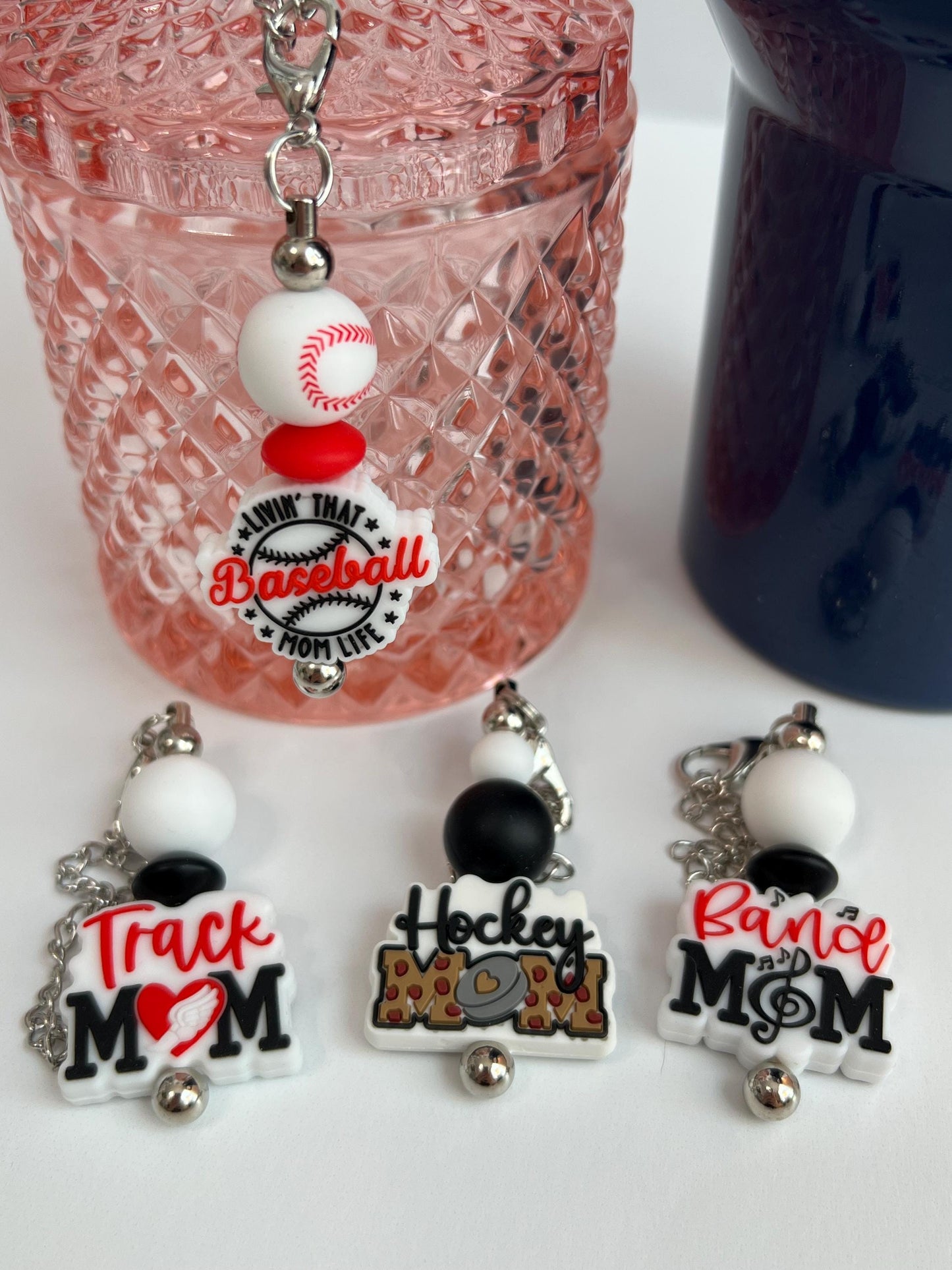 Sports Mom Cup Charm: Baseball, Hockey, Track, Band - Tumbler, Bag Accessory