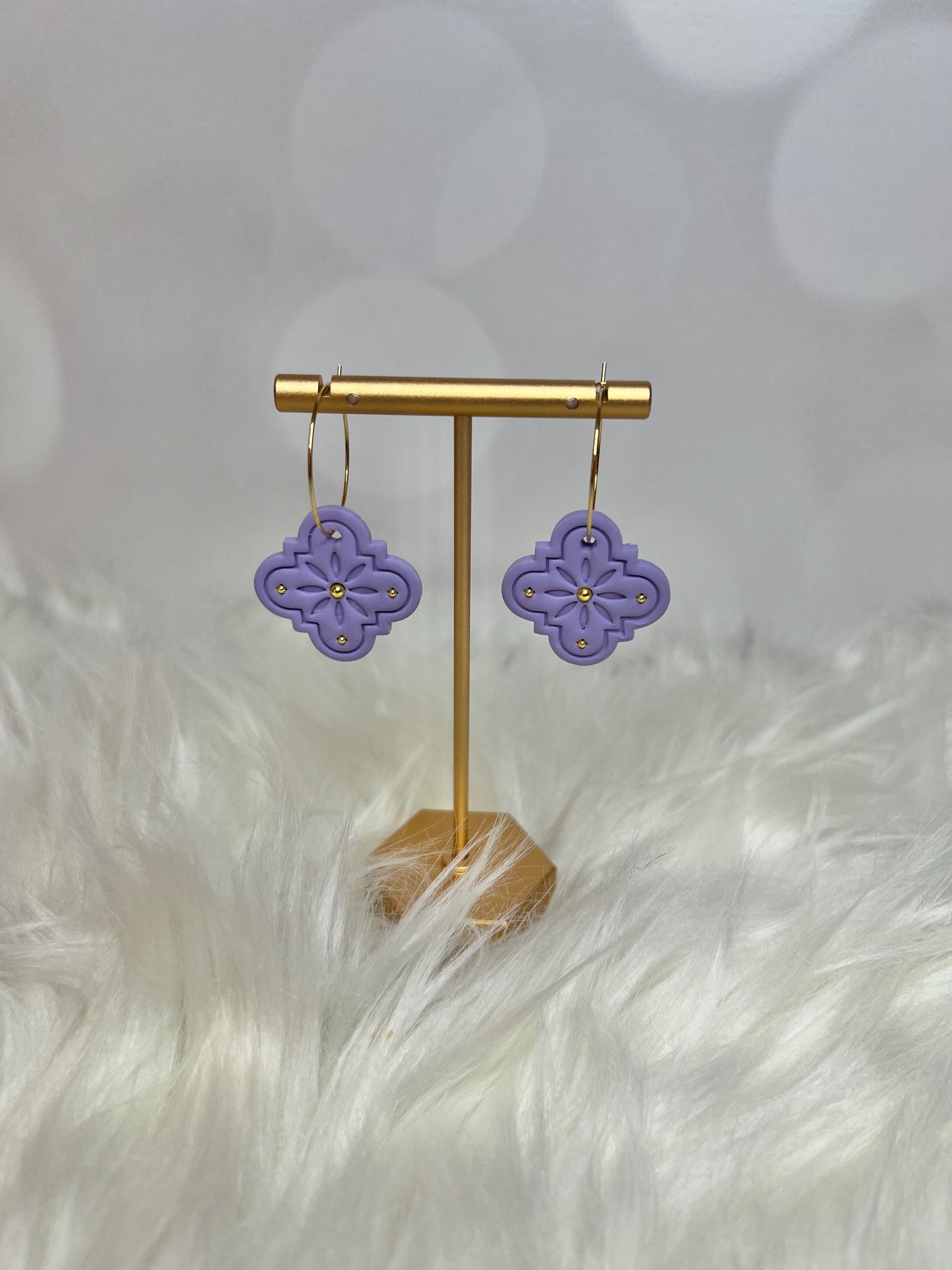 Handmade, Lightweight, Clay Hoop Earrings - Lilac with Gold Accents