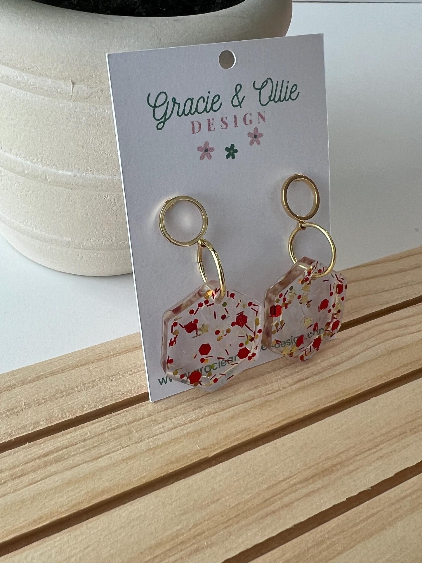 Red and Gold Glitter Resin Earrings