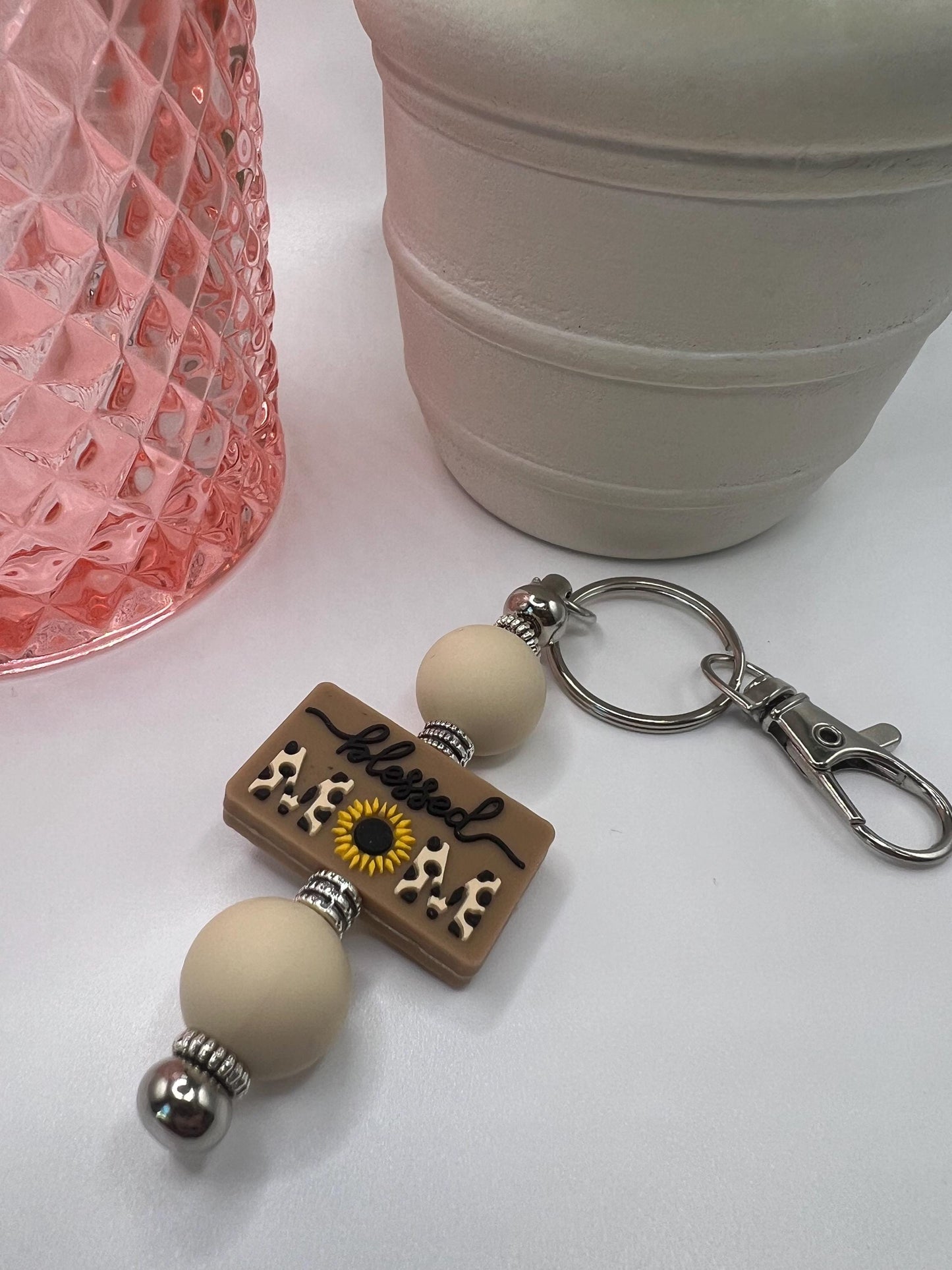 Handmade Beaded Keychain: Blessed Mom Charm, Silicone Beads