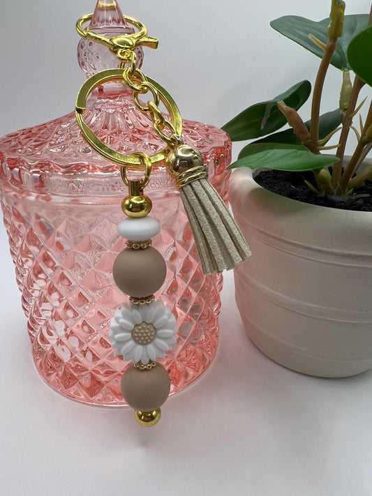 Handmade Silicone Bead Keychain: Taupe, White, and Gold Accents