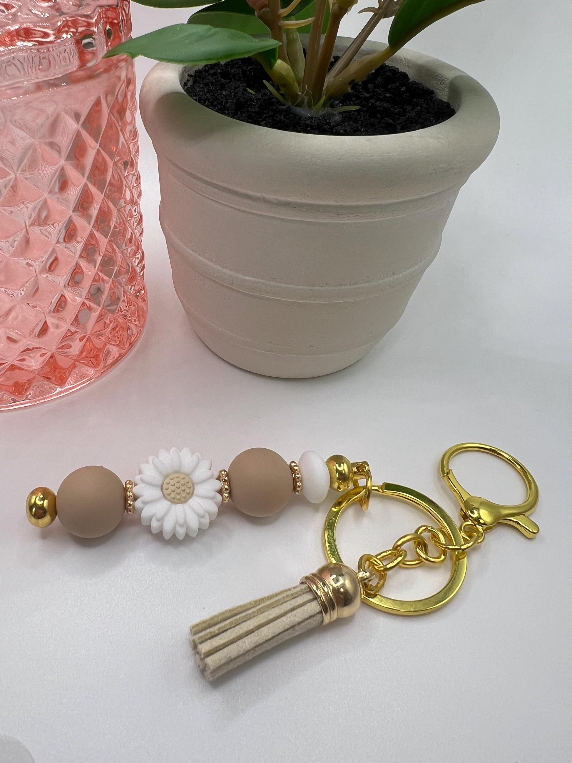Handmade Silicone Bead Keychain: Taupe, White, and Gold Accents