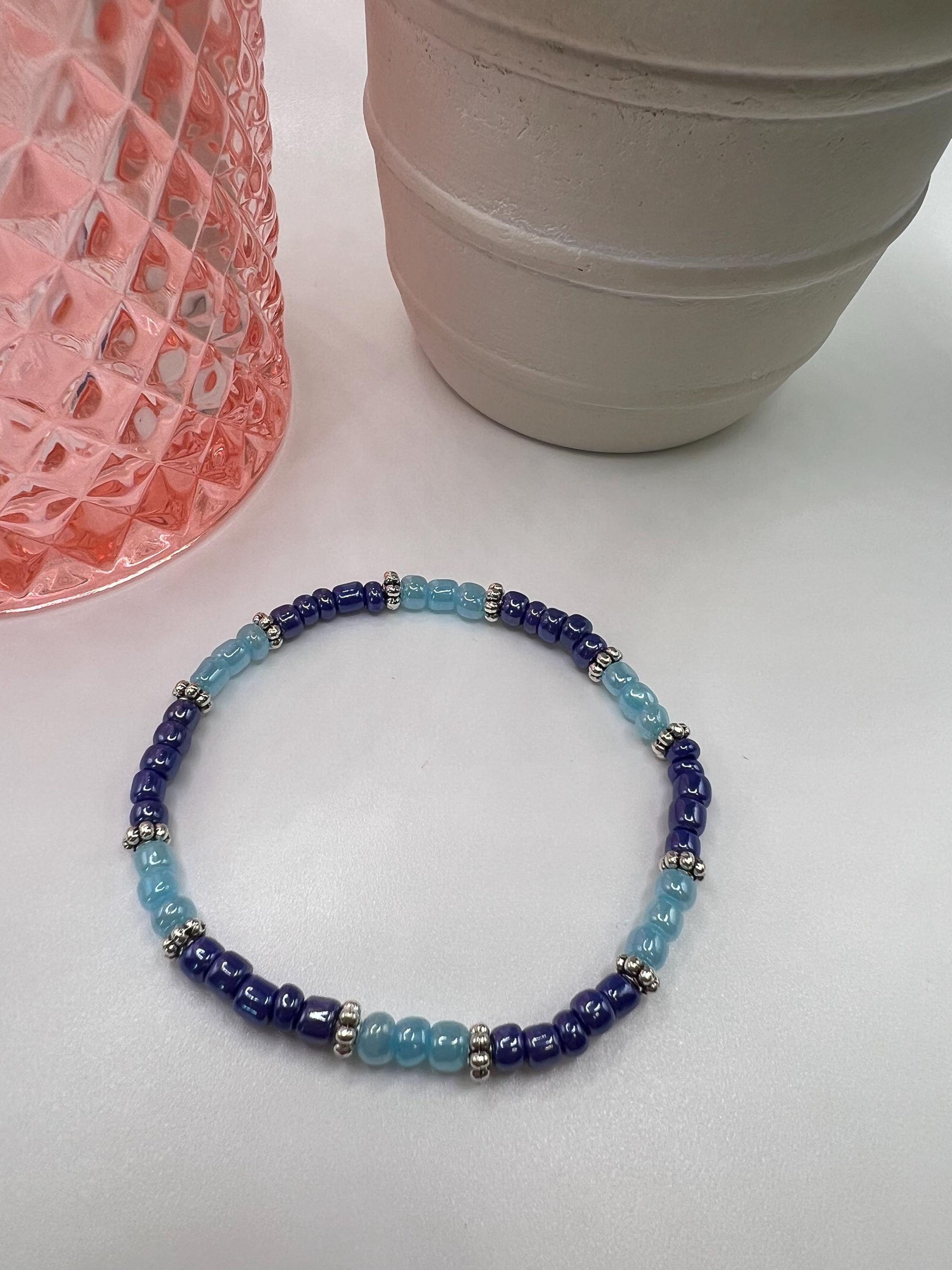 Blue Beaded Bracelet: Handmade Stretchy Jewelry, 6 inch