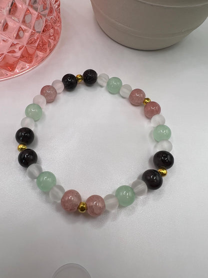Handmade Beaded Bracelet: Pink, Mint, Black & Gold Beads