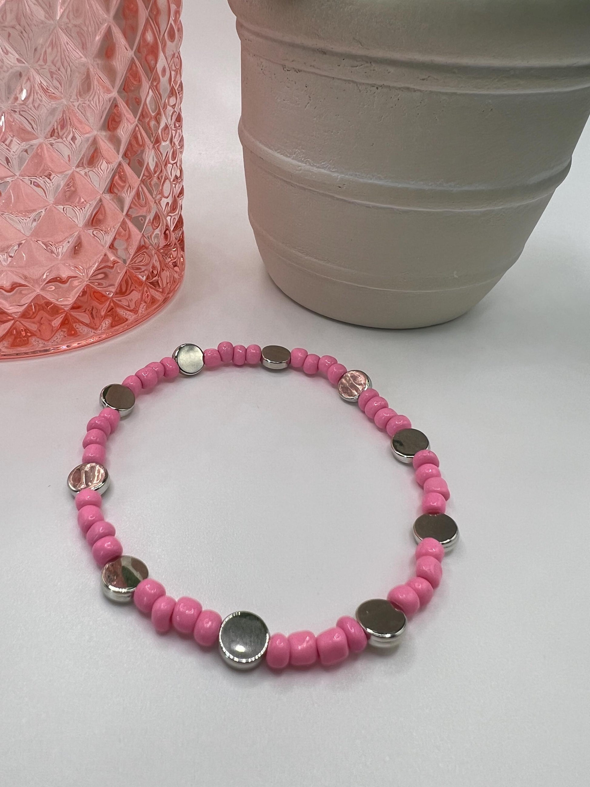 Handmade Pink Beaded Bracelet: Silver Accent Jewelry