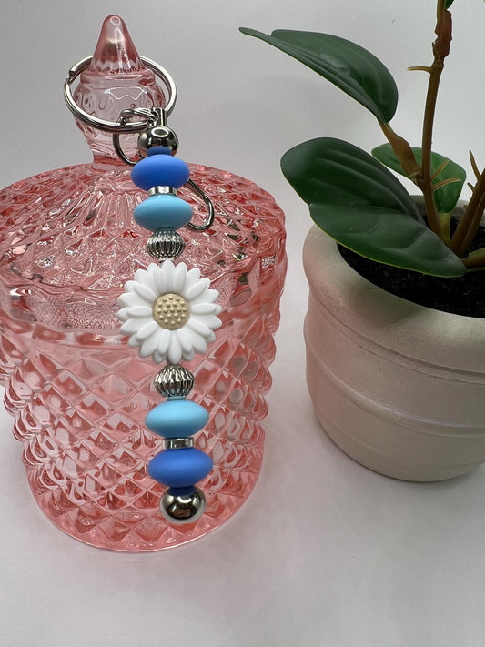 Daisy Keychain: White Flower & Blue Silicone Bead Bag Charm