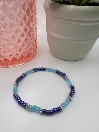 Blue Beaded Bracelet: Handmade Stretchy Jewelry, 6 inch