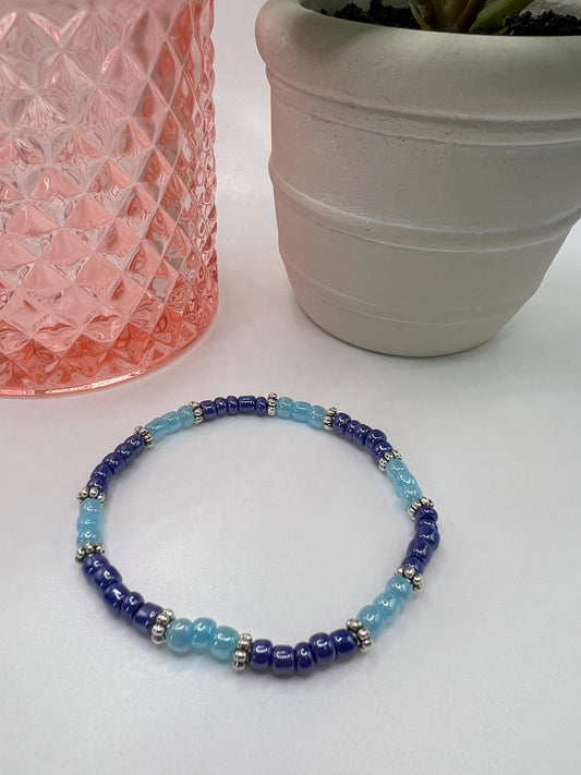 Blue Beaded Bracelet: Handmade Stretchy Jewelry, 6 inch
