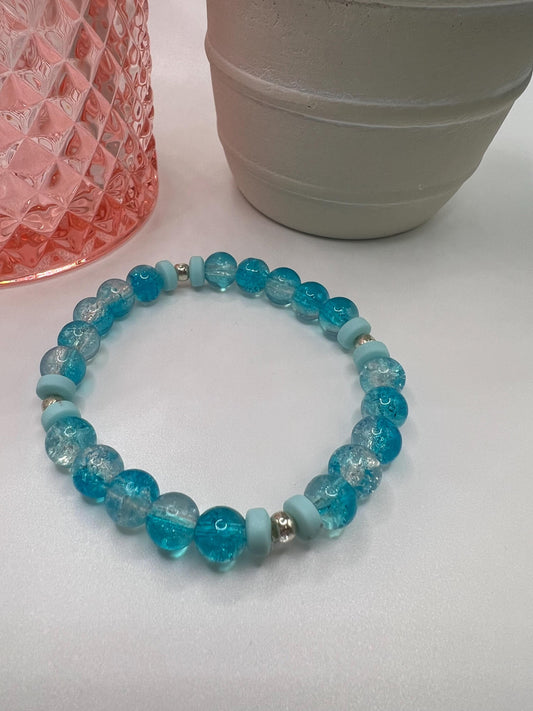 Handmade Blue Beaded Bracelet: Silver Accents, Stretchy Cord