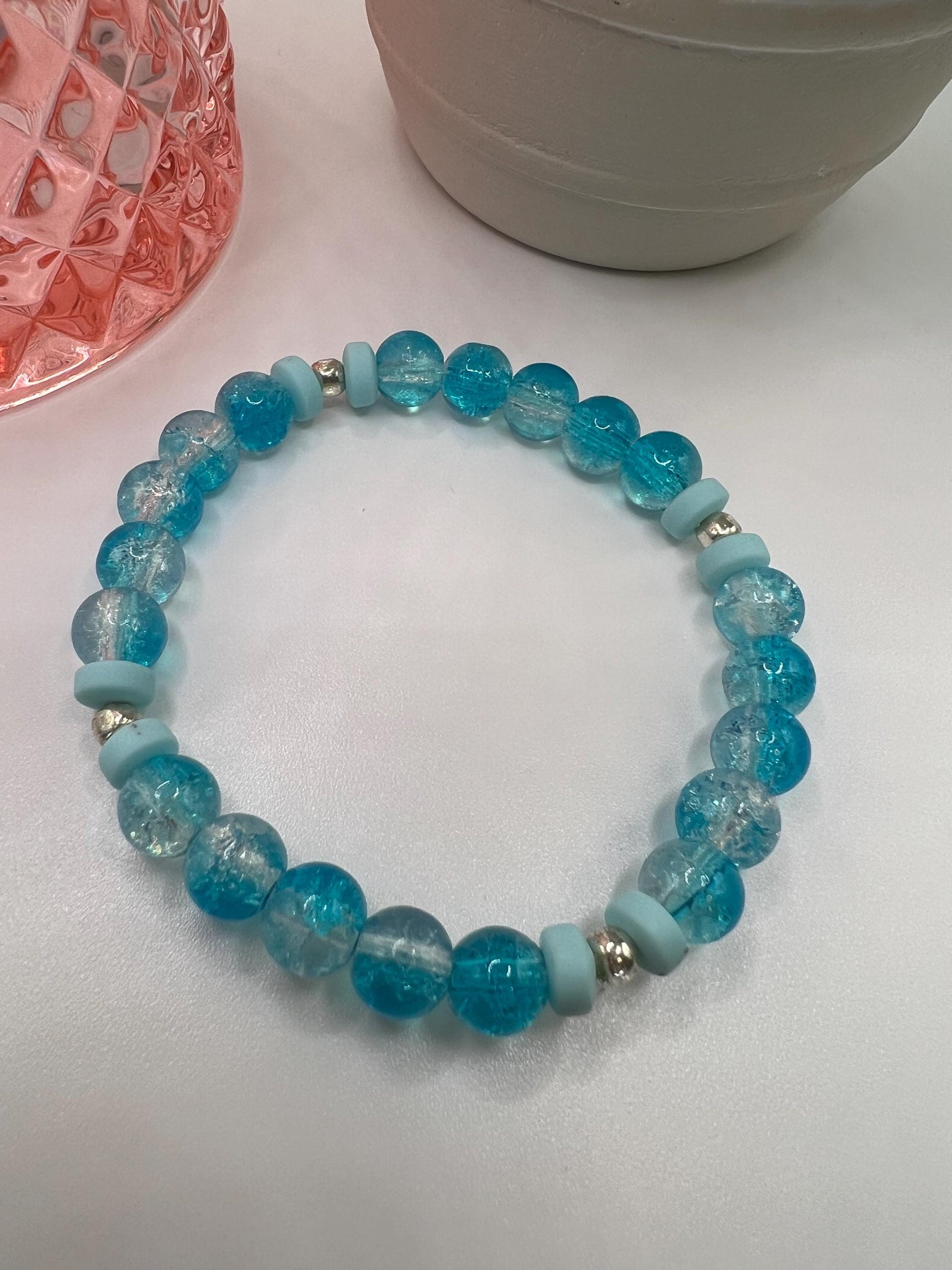 Handmade Blue Beaded Bracelet: Silver Accents, Stretchy Cord
