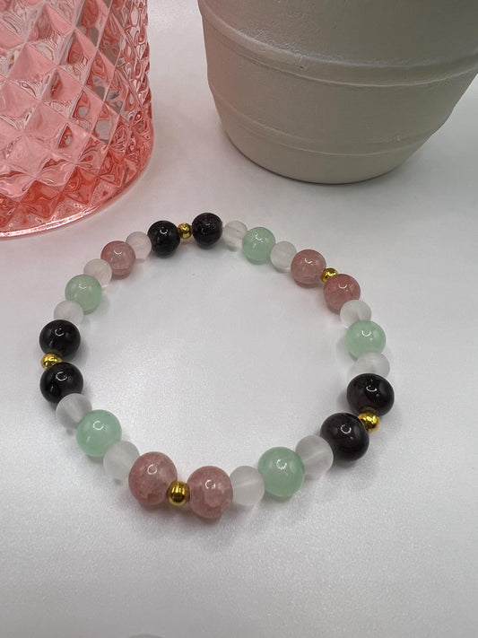 Handmade Beaded Bracelet: Pink, Mint, Black & Gold Beads