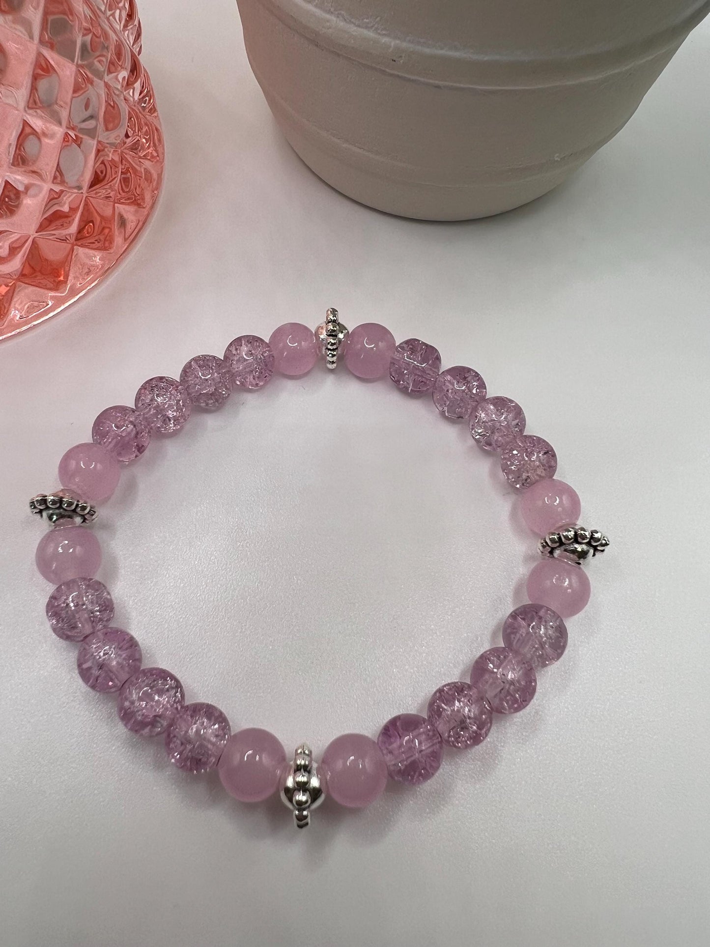 Handmade Pink Beaded Bracelet with Silver Accents
