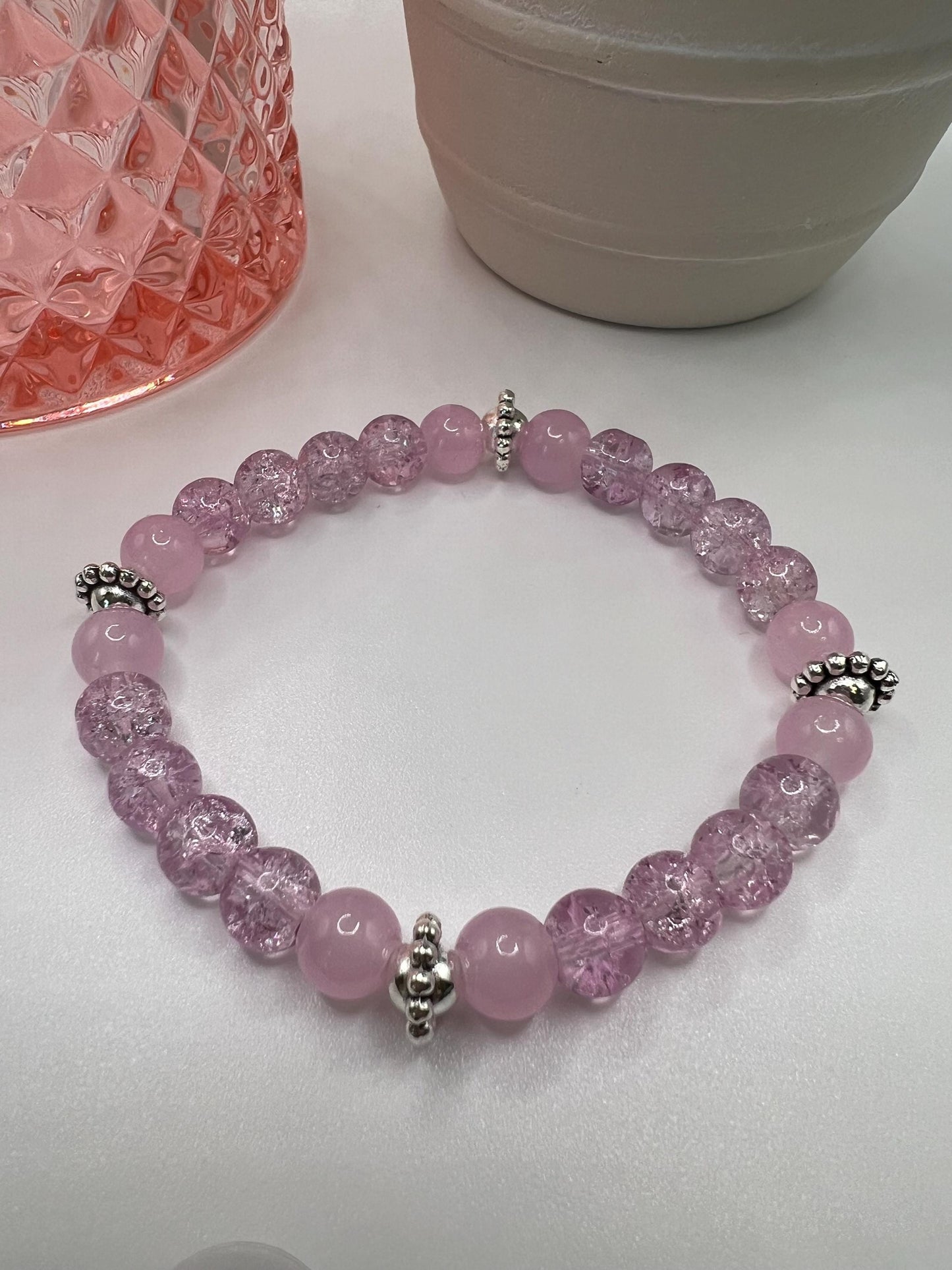 Handmade Pink Beaded Bracelet with Silver Accents