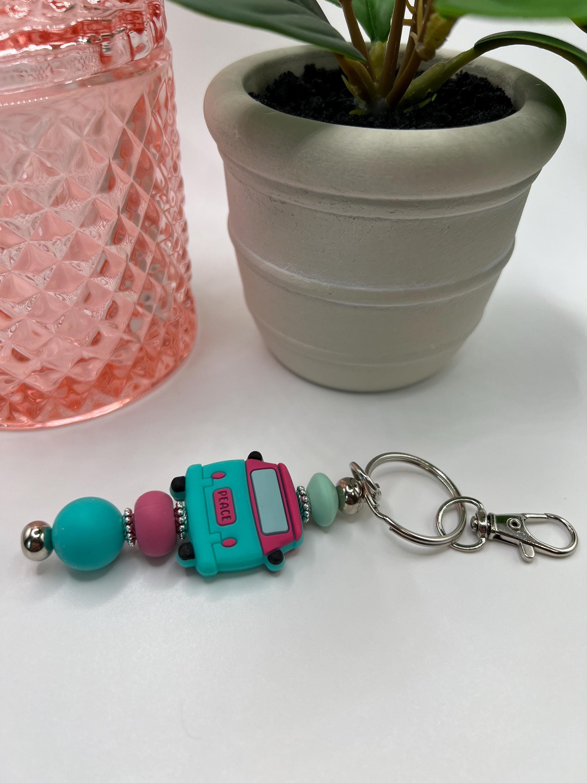 VW Bus Silicone Bead Keychain: Turquoise, Rose & Mint
