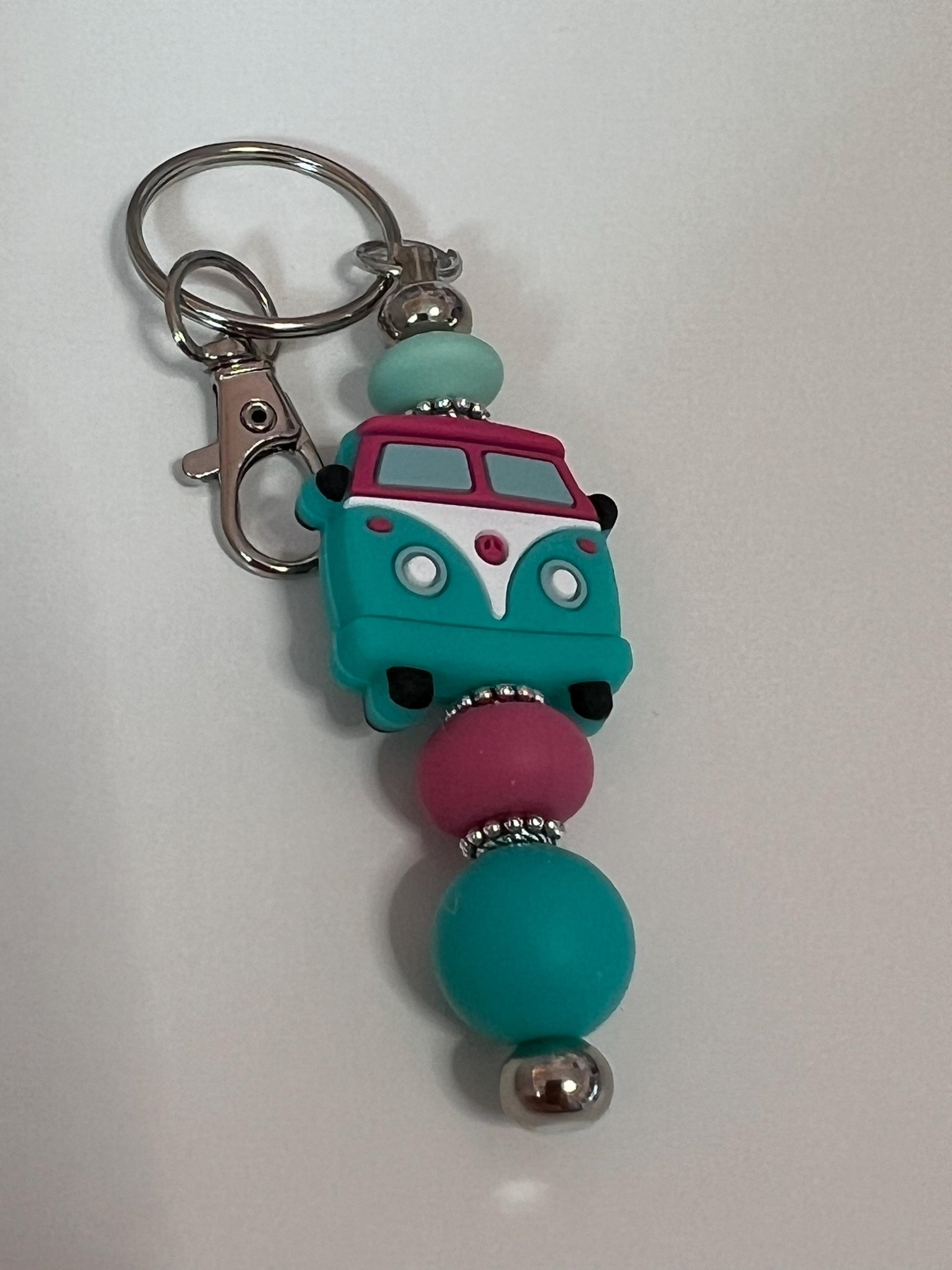 VW Bus Silicone Bead Keychain: Turquoise, Rose & Mint