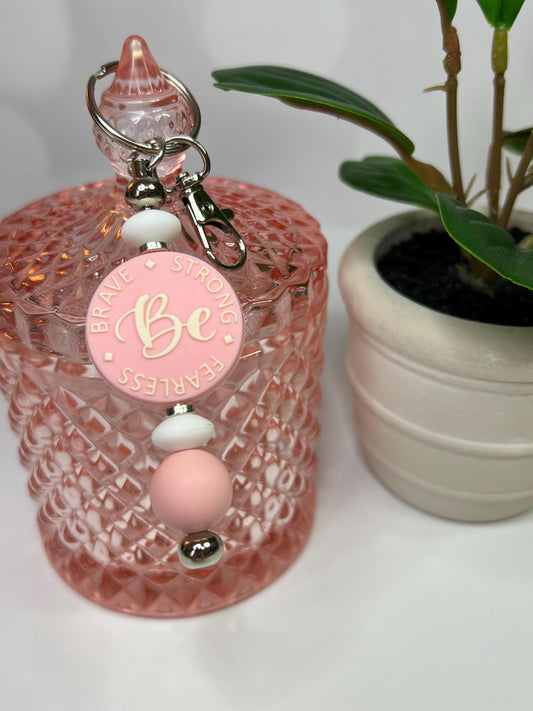 Be Brave Silicone Bead Keychain: Pink & White Bag Charm