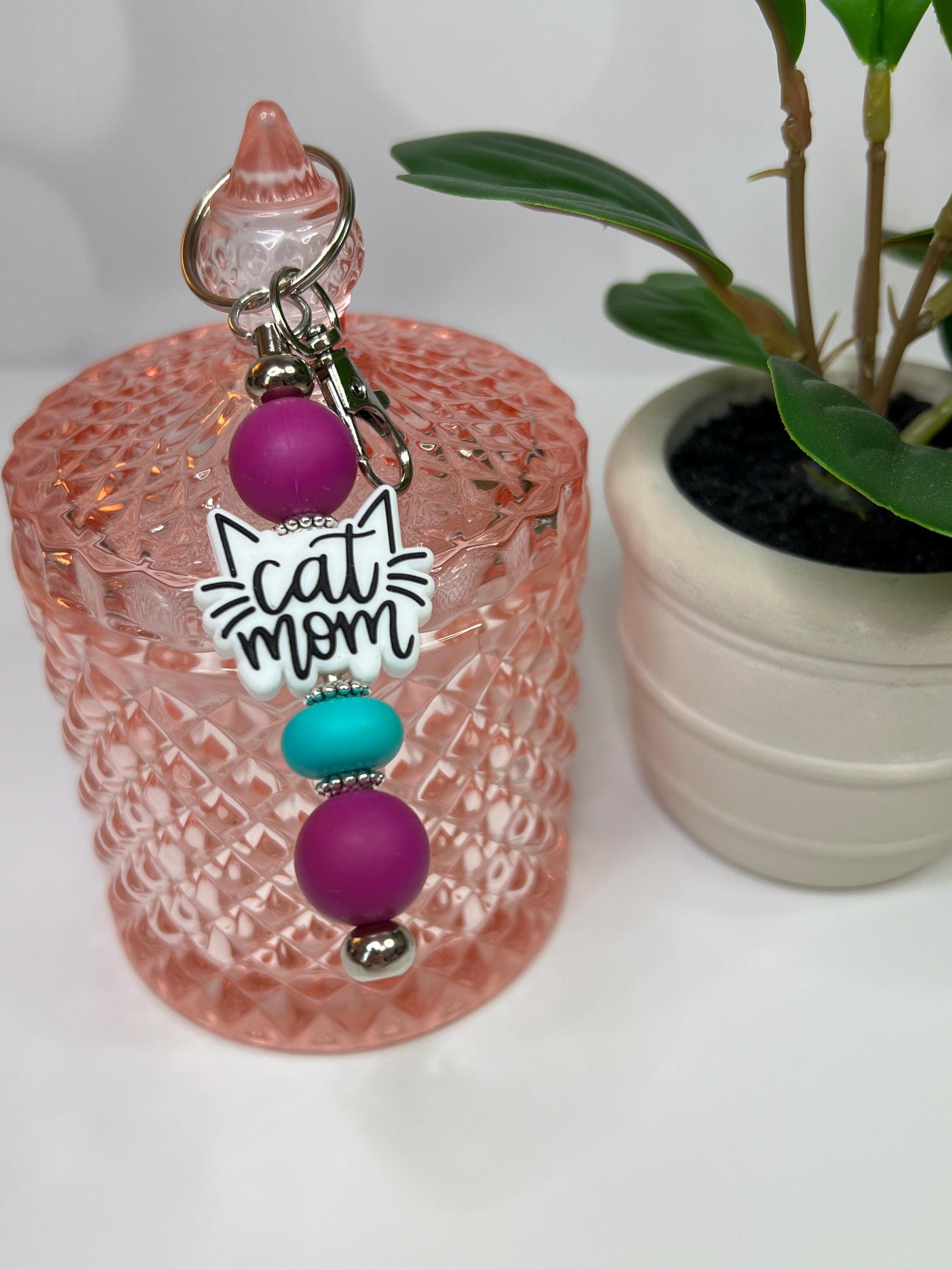 Cat Mom Silicone Bead Keychain: Purple & Turquoise Bag Charm