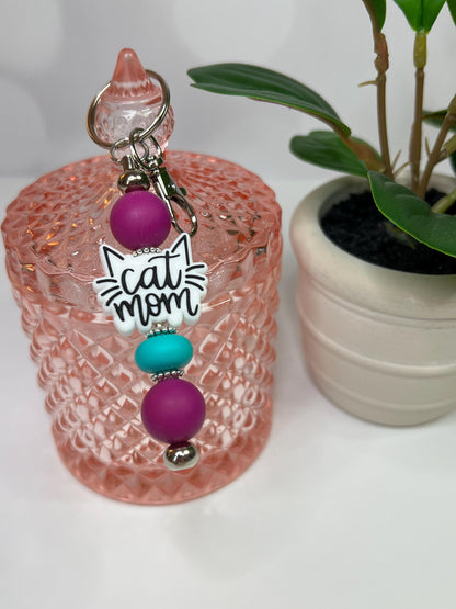 Cat Mom Silicone Bead Keychain: Purple & Turquoise Bag Charm