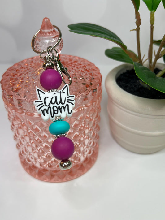 Cat Mom Silicone Bead Keychain: Purple & Turquoise Bag Charm