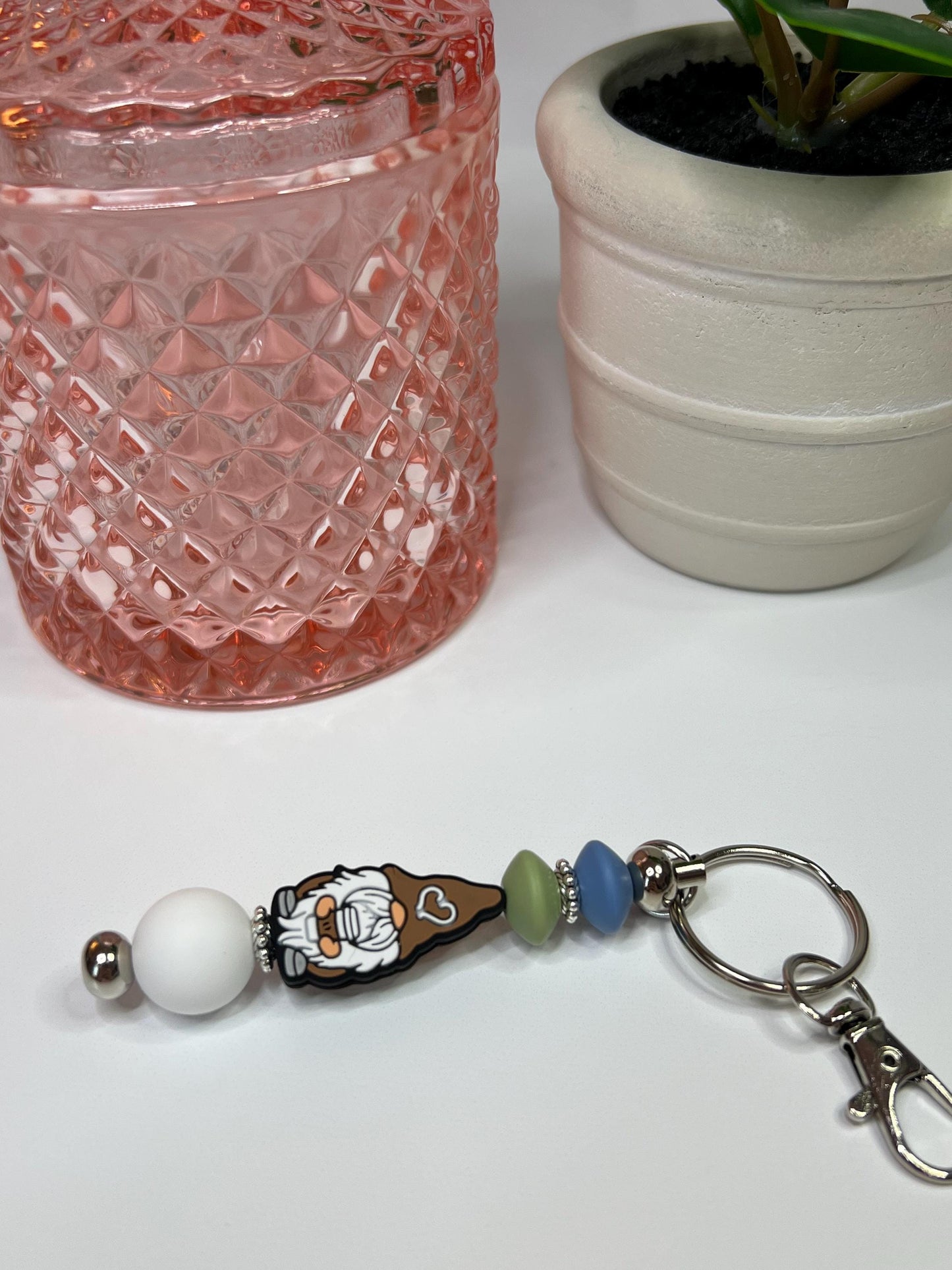 Gnome with Coffee Cup Silicone Bead Keychain: Stocking Stuffer