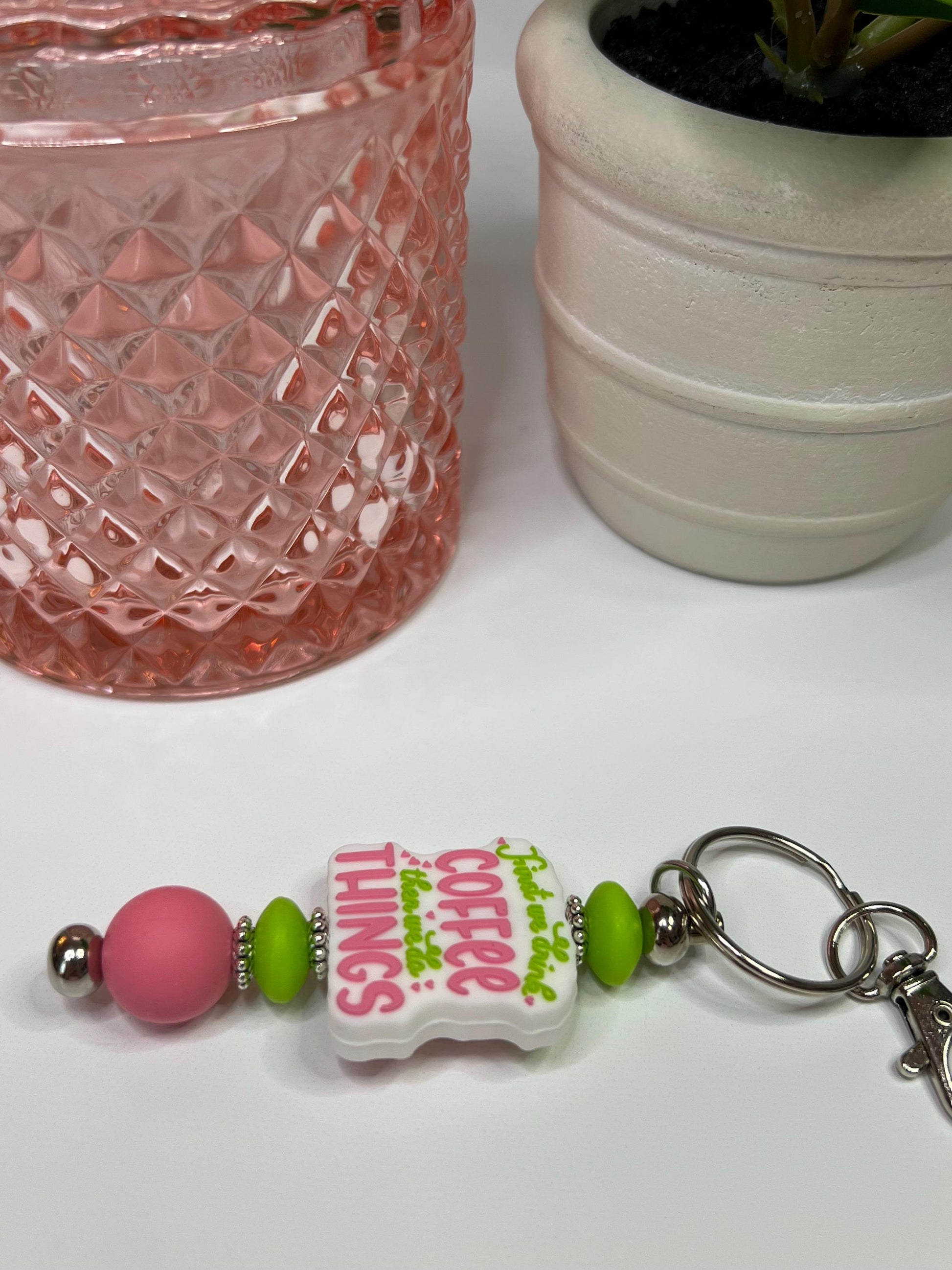 Coffee Then Things Silicone Bead Keychain: Lime Green & Pink