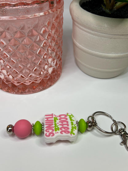 Coffee Then Things Silicone Bead Keychain: Lime Green & Pink