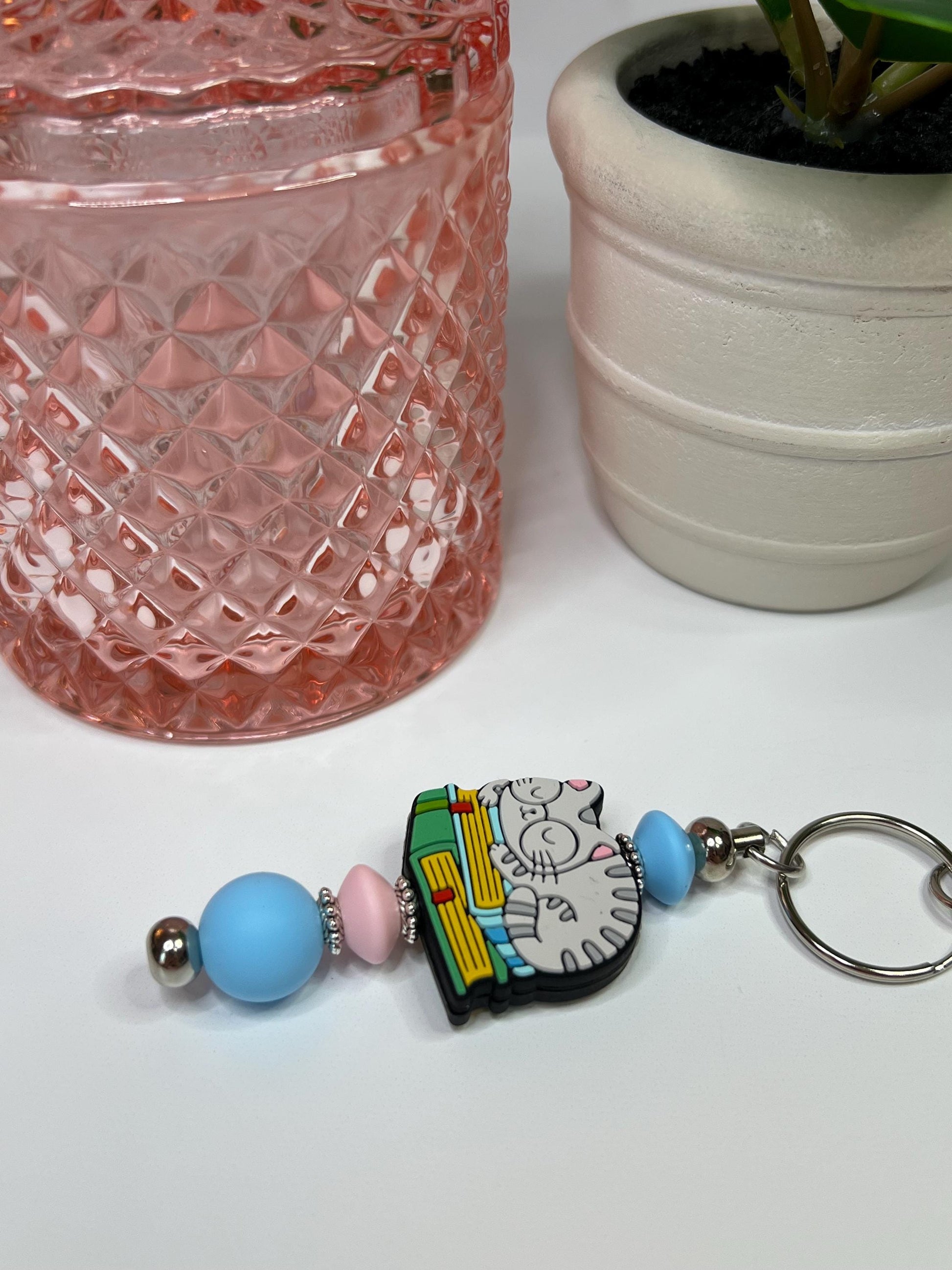 Cat on Books Silicone Bead Keychain: Stocking Stuffer Gift
