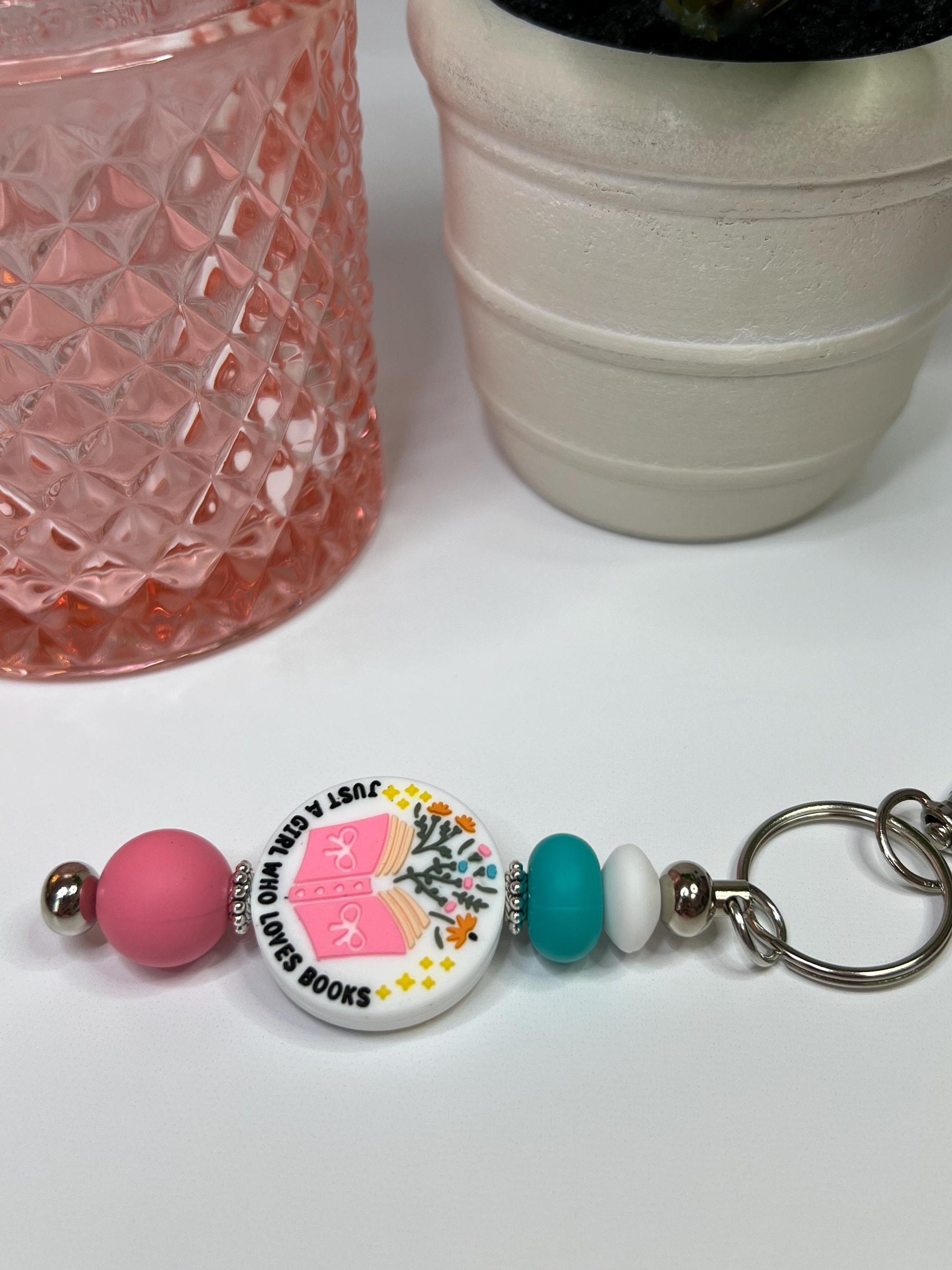 Book Lover Silicone Bead Keychain: Pink, Turquoise, and White