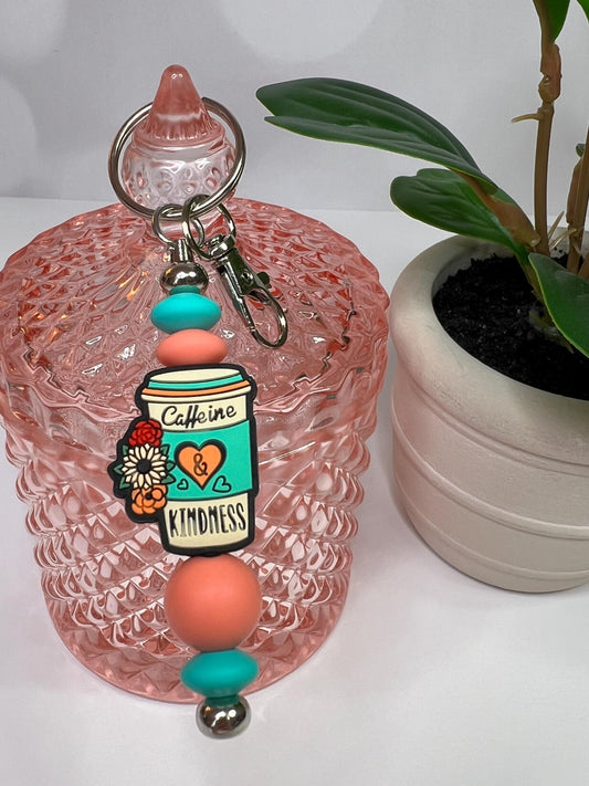 Caffeine and Kindness Silicone Bead Keychain: Turquoise & Salmon Pink