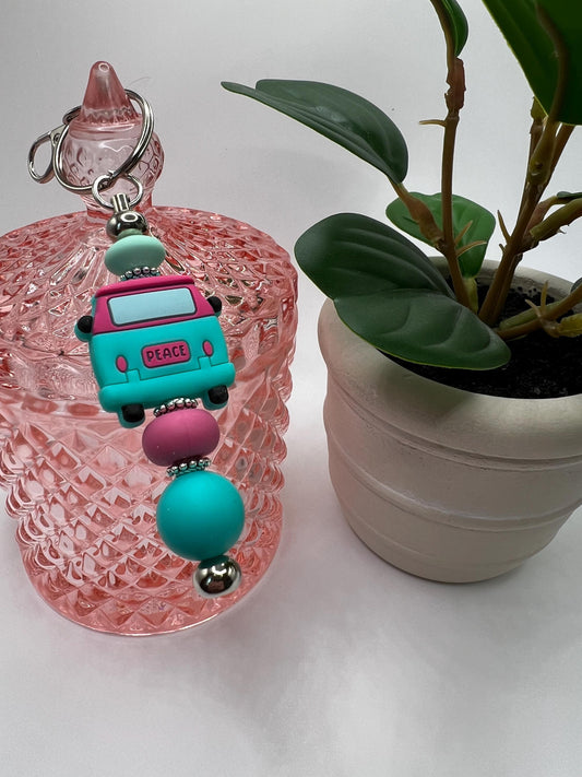 VW Bus Silicone Bead Keychain: Turquoise, Rose & Mint