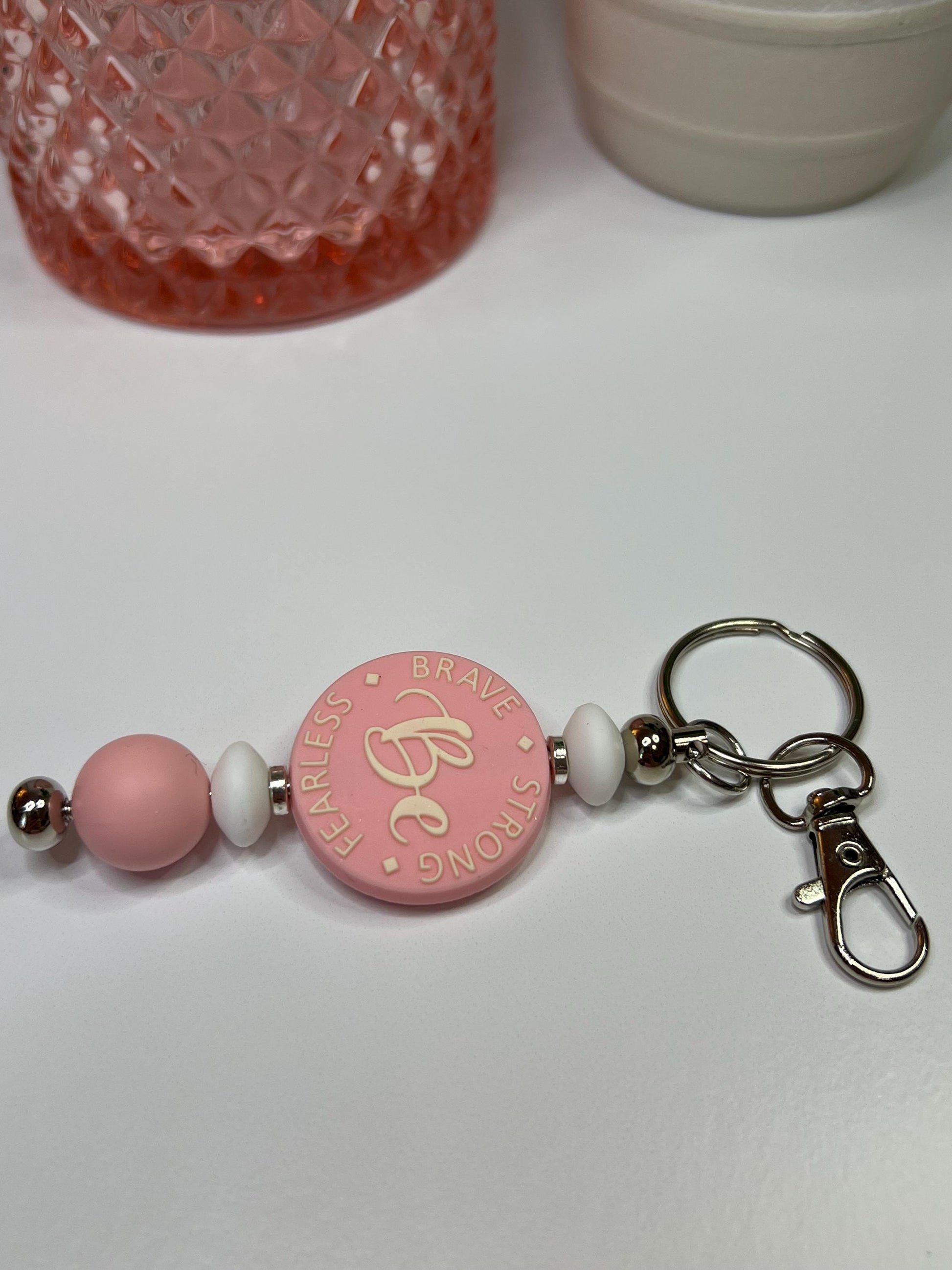 Be Brave Silicone Bead Keychain: Pink & White Bag Charm