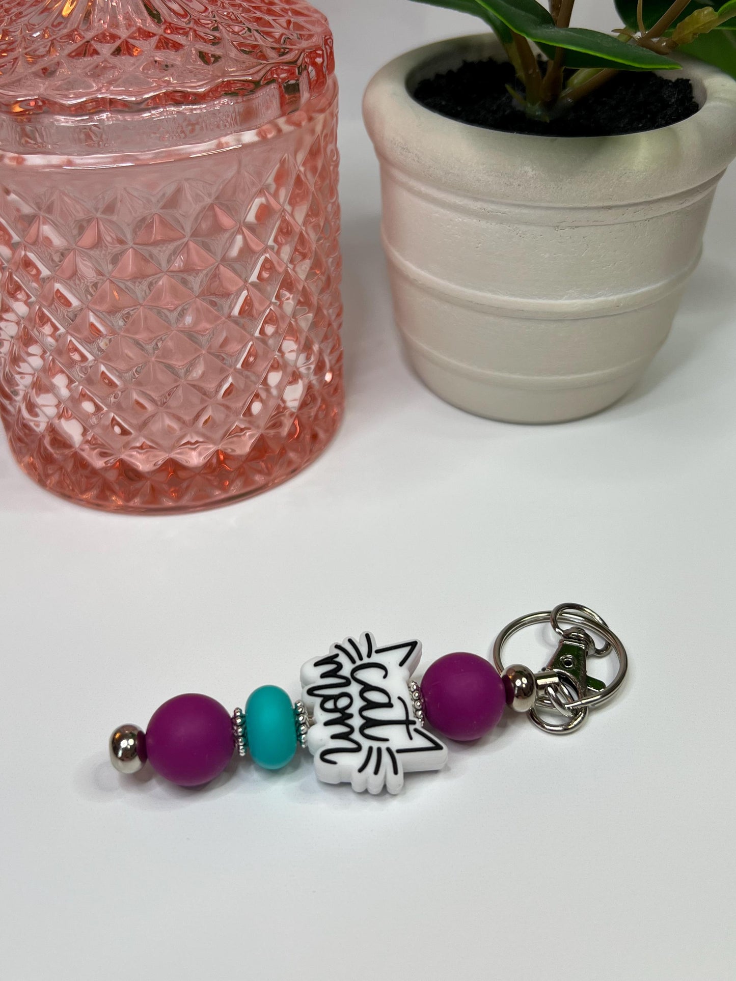 Cat Mom Silicone Bead Keychain: Purple & Turquoise Bag Charm