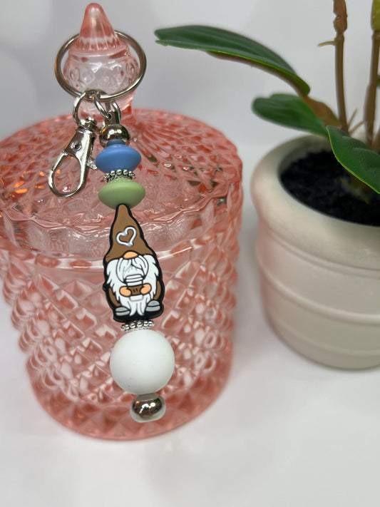 Gnome with Coffee Cup Silicone Bead Keychain: Stocking Stuffer