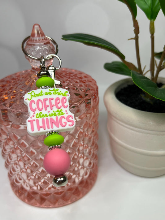 Coffee Then Things Silicone Bead Keychain: Lime Green & Pink