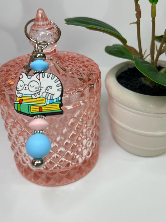 Cat on Books Silicone Bead Keychain: Stocking Stuffer Gift