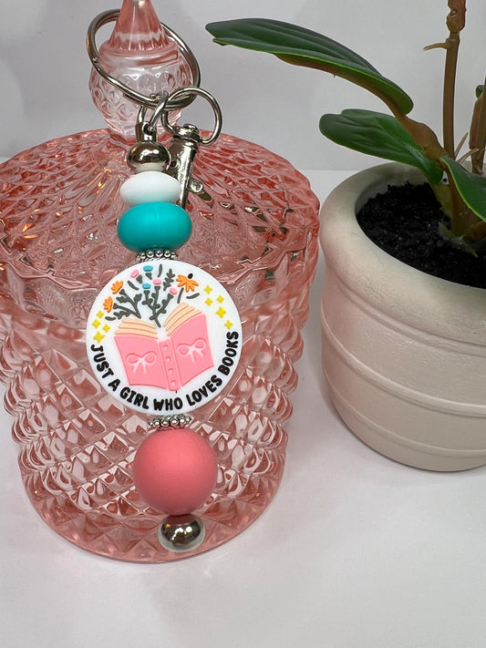 Book Lover Silicone Bead Keychain: Pink, Turquoise, and White