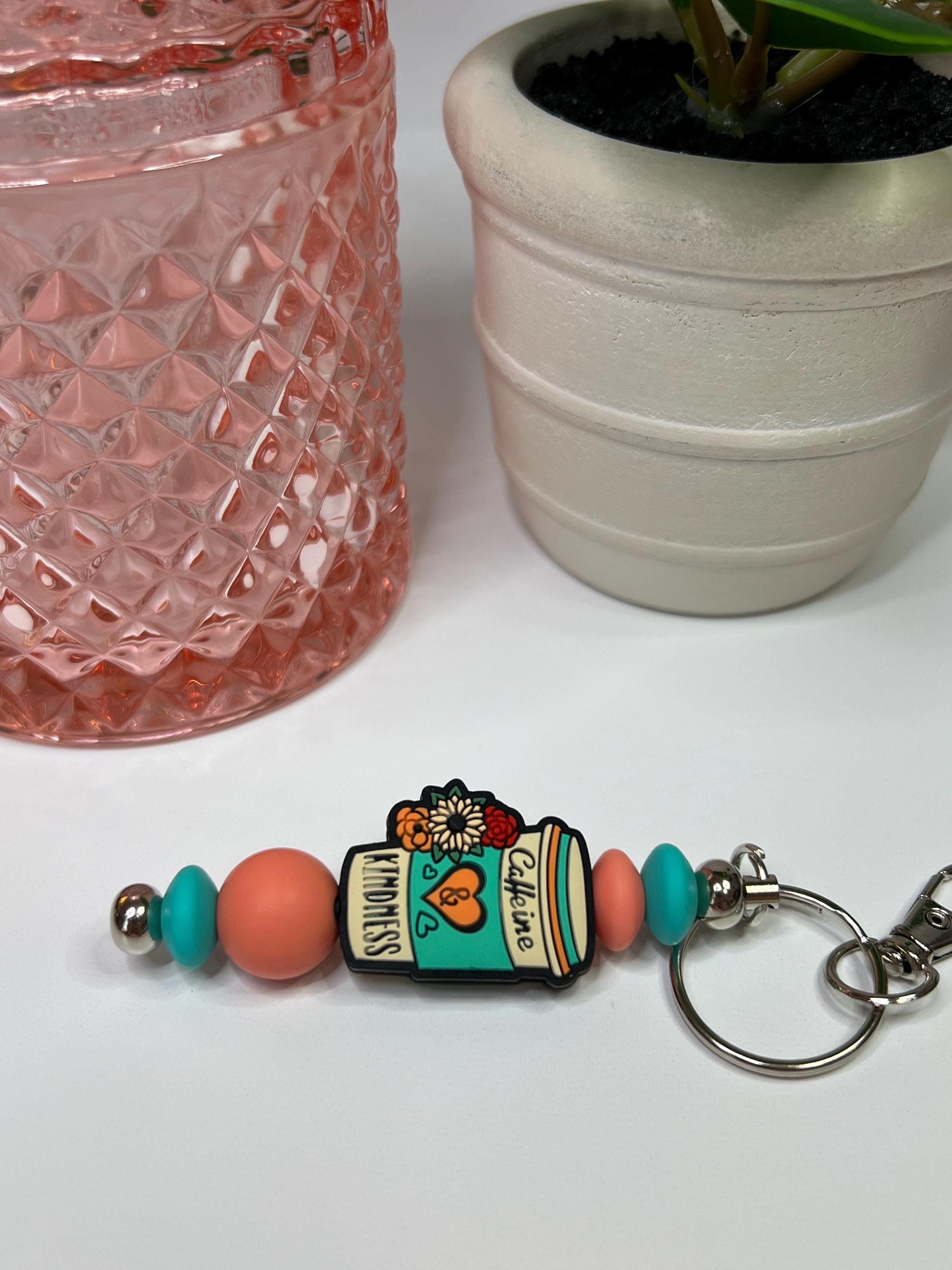 Caffeine and Kindness Silicone Bead Keychain: Turquoise & Salmon Pink