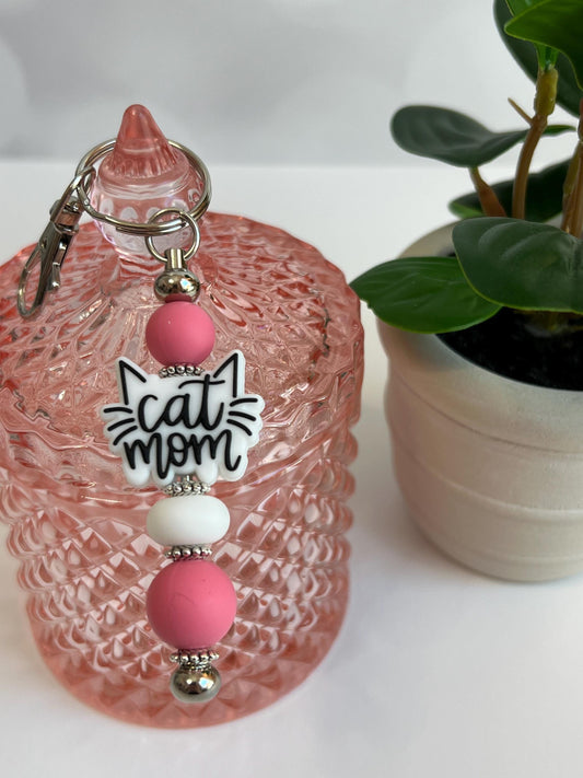 Cat Mom Silicone Bead Keychain: Pink & White Gift