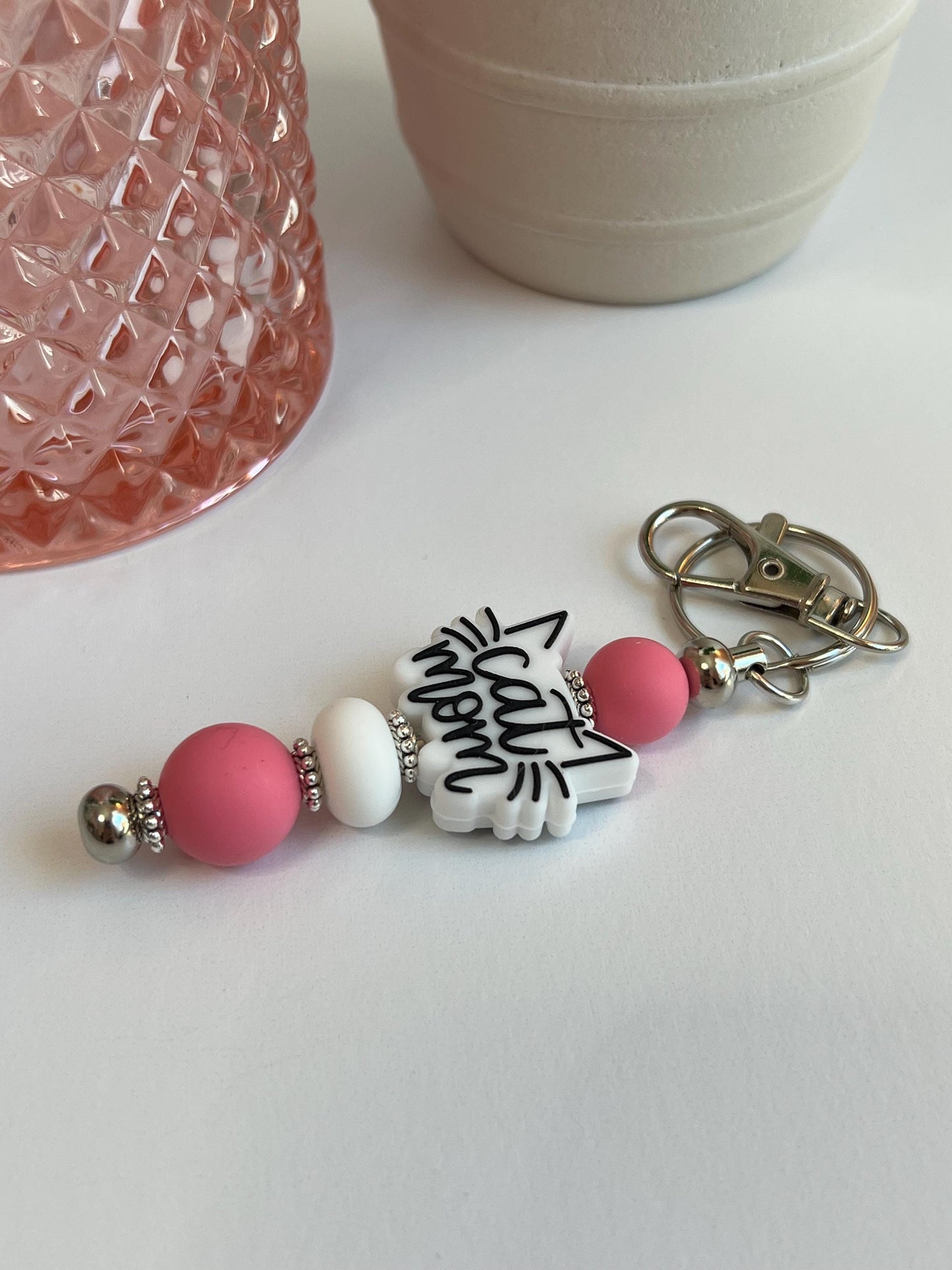 Cat Mom Silicone Bead Keychain: Pink & White Gift