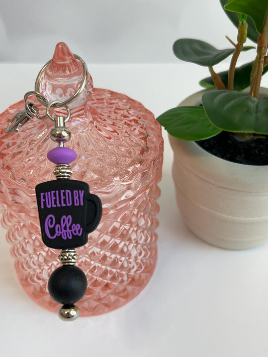 Fueled by Coffee Silicone Bead Keychain: Purple & Black