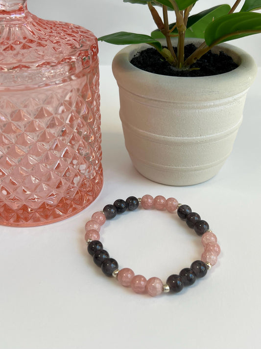 Handmade Pink & Dark Grey Beaded Bracelet - Stretchy Cord